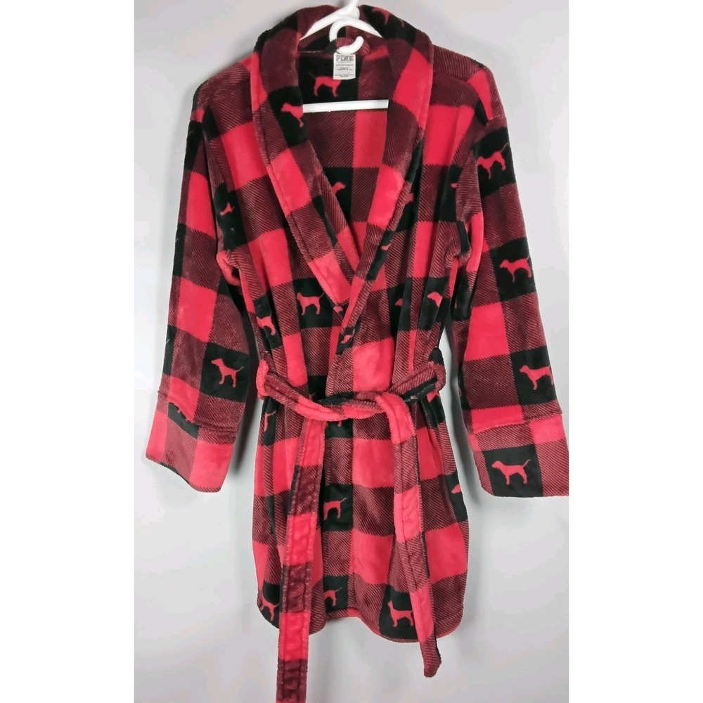 Victorias Secret PINK‎ Robe XS/S Red Black Buffalo Plaid Cozy Velour Logo Short